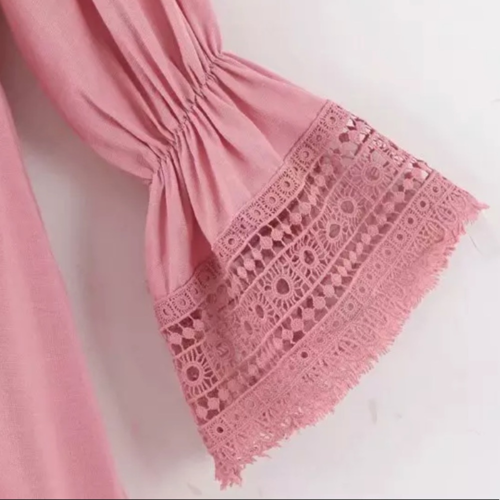 Pink Crochet Fringe Bell Sleeve Boho Gypsy Dress - Picture 9 of 11